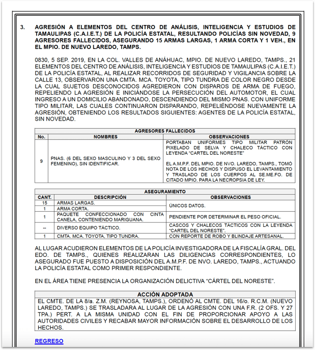 Página del documento "Resumen de novedades" del 6 de septiembre de 2029 en el que se reportó la supuesta agresión a agentes de la policía estatal de Tamaulipas.